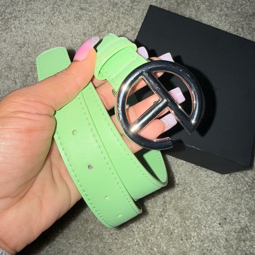 AVAILABLE TELFAR Green Leather Belt with Silver Buckle